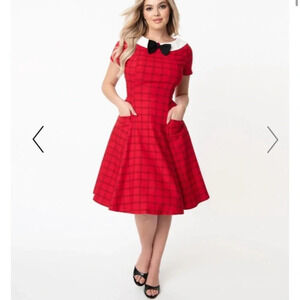 Unique Vintage Red & Black Plaid Eloise Swing Dress Small 4 NWT